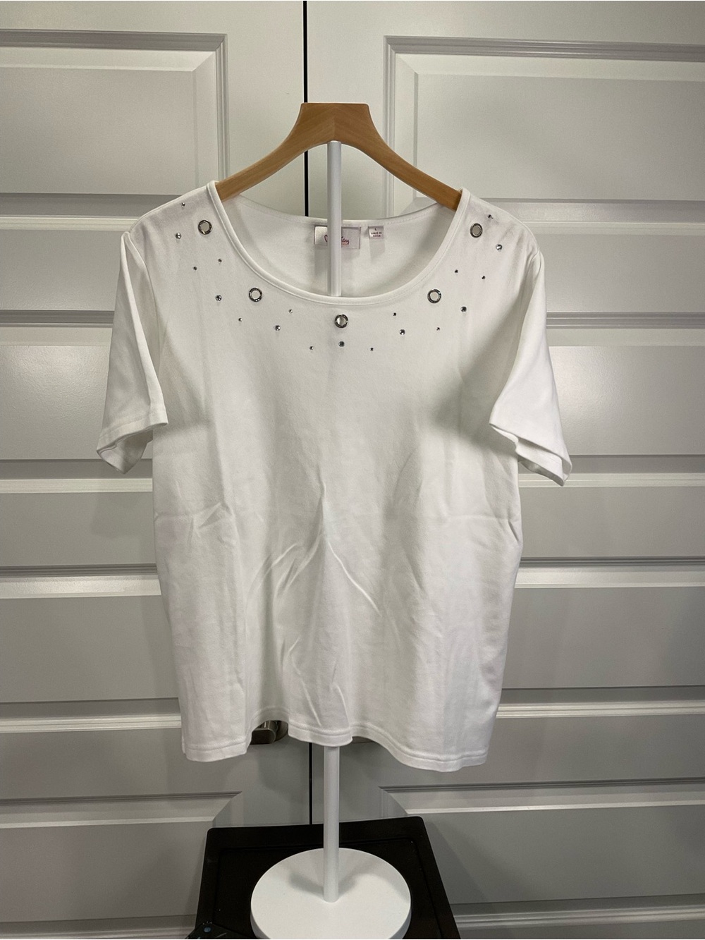 Women's White Short Sleeve Tee with Metal Eyelet Accents